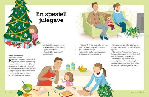 PDF-side med illustrasjoner av en jente som ser på gaver under et juletre, jenta og foreldrene hennes som arbeider sammen på kjøkkenet, og jenta og foreldrene hennes som sitter sammen og ser på en TV