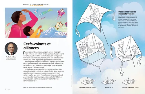 Page au format PDF représentant un homme et un garçon regardant des cerfs-volants dans le ciel ; plus une activité de coloriage de cerfs-volants