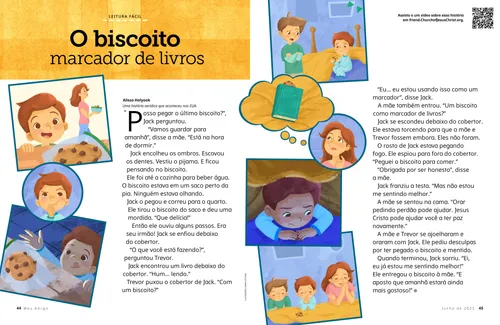 História em quadrinhos em PDF de um menino pegando um biscoito e se escondendo em sua cama para comê-lo