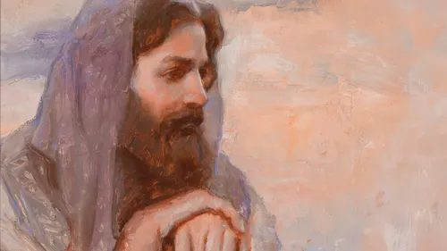 Jesus Christ thinking and leaning on his staff