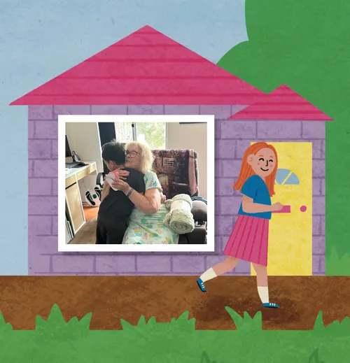 Illustration of a house with a real photo of a boy hugging an older woman