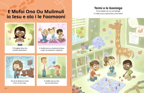 Itulau PDF o se teineitiiti o lo’o ataata, o tamaiti e toatolu o nonofo i luga o fala ma sii o latou lima i luga, o se teineitiiti o loo uuina se urosa meataalo i se faleoloa, o se tama o loo taalo pesipolo i tafatafa o se faamalama ua malepe; faatasi ai ma se gaoioiga o se fatu natia