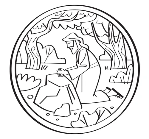 Illustration au trait représentant Jésus-Christ priant à Gethsémané