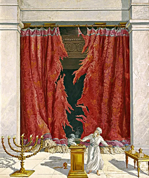 a high priest looking back at the torn temple veil