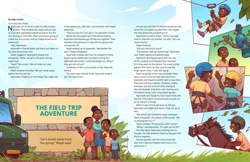 Story PDF of a boy riding on a zip line, looking at birds and rock climbing with his brother, and riding a horse