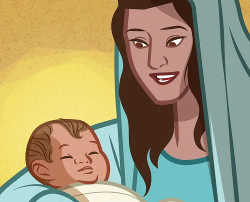 Mary holding the baby Jesus.