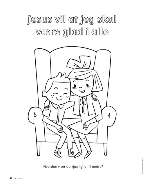 PDF-fargeleggingsside av en jente og gutt som sitter i en stor stol med armene rundt hverandres skuldre