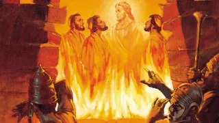 Jesus Christ depicted standing with the Old Testament figures Shadrach, Meshach and Abednego in the fiery furnace of King Nebuchadnezzar. The three men standing with Christ are unharmed by the flames. The servants of the king are backing away and falling to the ground due to the intense heat of the furnace.