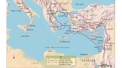 ko ha mape ʻo e ngaahi fononga fakafaifekau ʻa e ʻAposetolo ko Paulá
