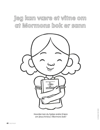 Fargeleggingsside av jente som klemmer Mormons bok