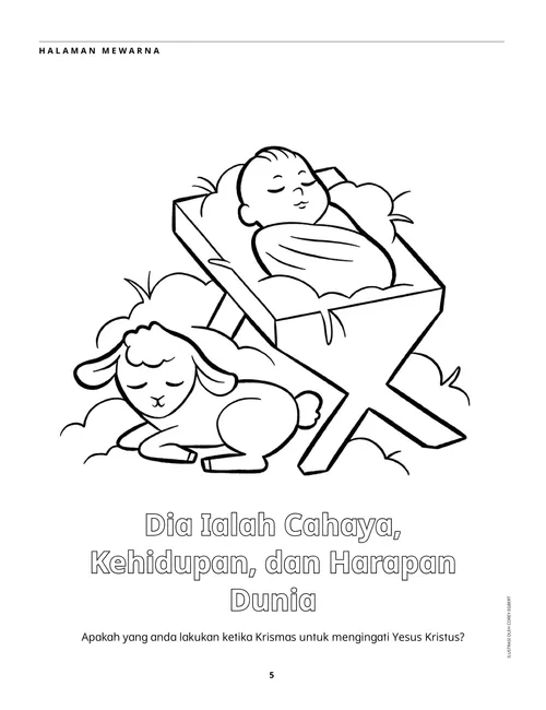 Halaman mewarna PDF bayi Yesus di palung dan anak domba