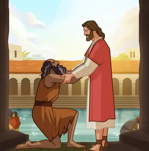 Jesus heals the man.