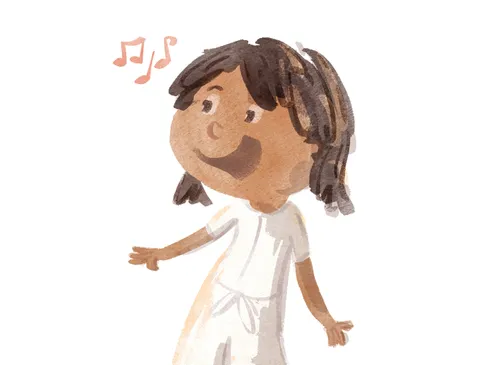 A girl wearing white and singing