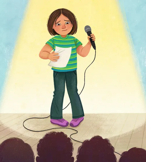Nervous girl with microphone on stage in spotlight