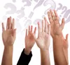 question marks and raised hands
