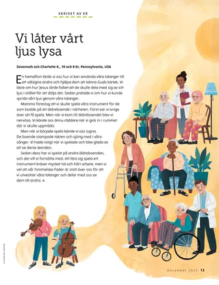 Pdf-sida med två systrar som spelar fiol och cello för personer på ett äldreboende.