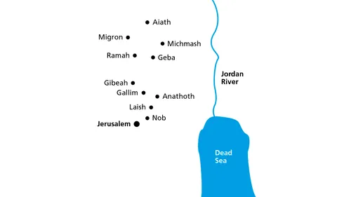 map of some of the cities of Judah conquered by Assyria