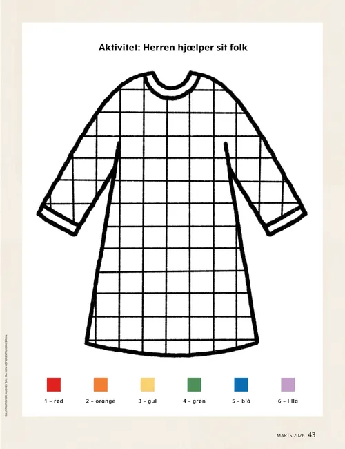 Illustration af Josefs mangefarvede kjortel samt en farvelægningsaktivitet med at farvelægge en kjortel