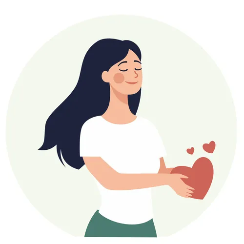 an illustration of a woman smiling and holding out a heart to someone else