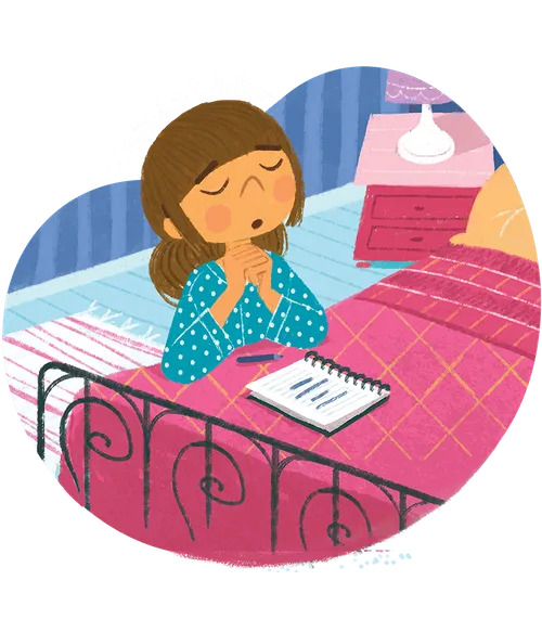 Girl kneeling by her bed and praying; a notebook and pencil are on her bed