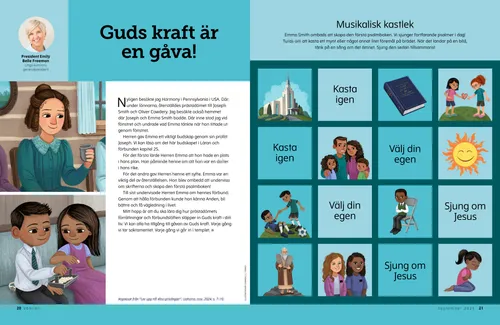 Illustrationer av Emma Smith som håller en mugg, en pojke och en flicka som tar sakramentet och en musikkastningslek.