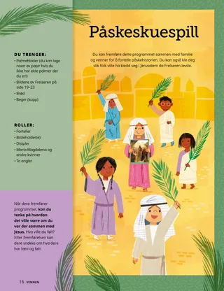 PDF-side med illustrasjon av barn kledd i bibelske klær og som holder palmeblader