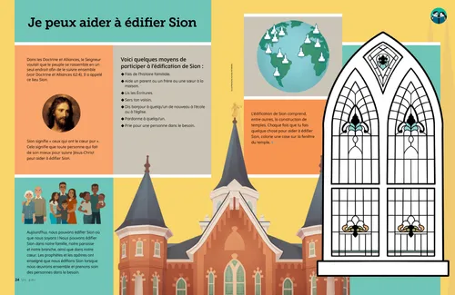 Page au format PDF avec des représentations de Jésus-Christ, de familles, de temples éparpillés sur un globe terrestre et de la façade d’un temple, plus une activité de coloriage de vitraux
