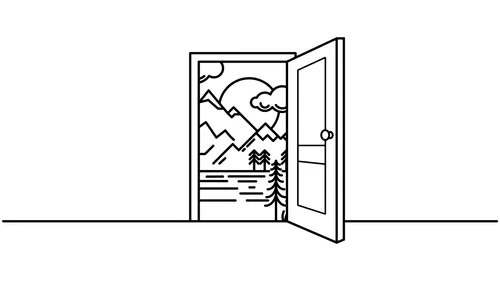 picture of an open door with mountains and trees outside