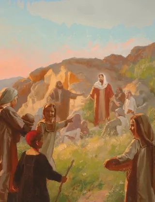Pintura artística de Jesus Cristo ensinando enquanto as crianças caminham em direção a Ele
