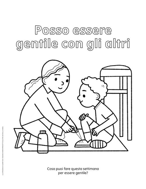 PDF della pagina da colorare di una bambina che allaccia le scarpe a un bambino
