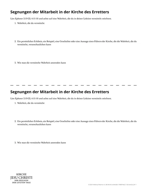 Arbeitsblatt „Segnungen der Mitarbeit in der Kirche des Erretters“
