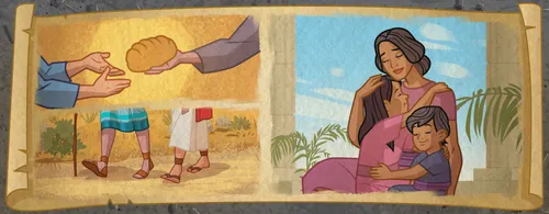 Two people sharing bread; two people walking together; a mother and her children.