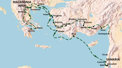mapa nga nagpakita sa mga siyudad nga gibisita ni Pablo sa iyang ikatulong misyonaryong panaw