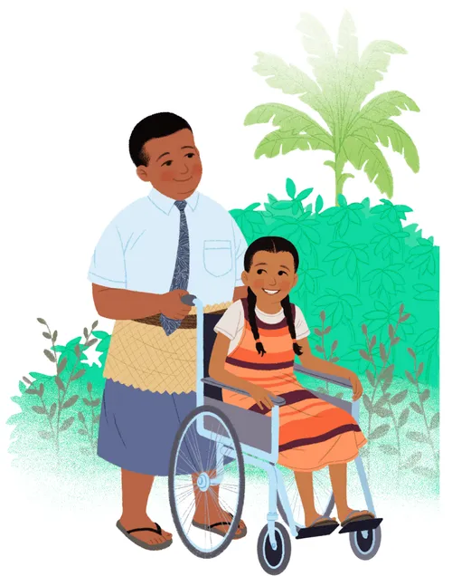 A man pushing a girl in a wheelchair