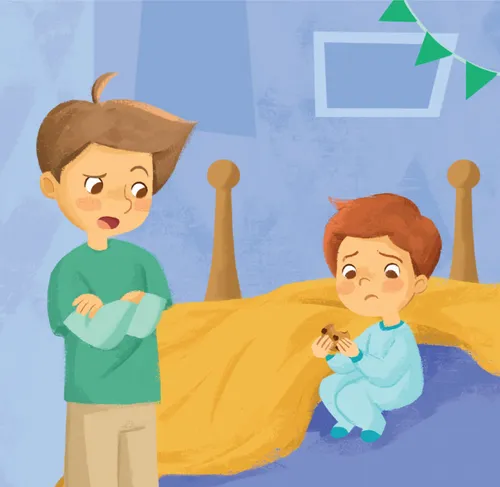 Older boy talking to brother, who is on his bed looking sad