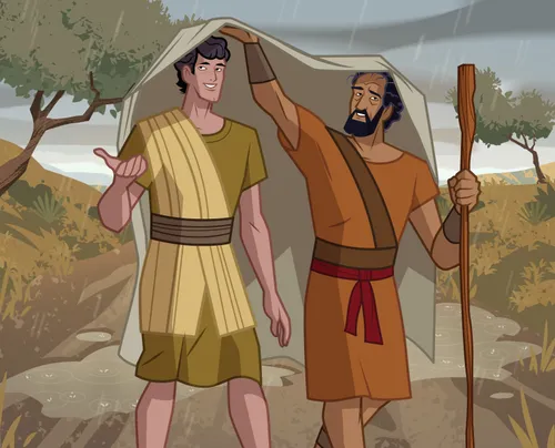 Paul and Timothy walking together. Paul is holding up a cloth to protect them from the rain.