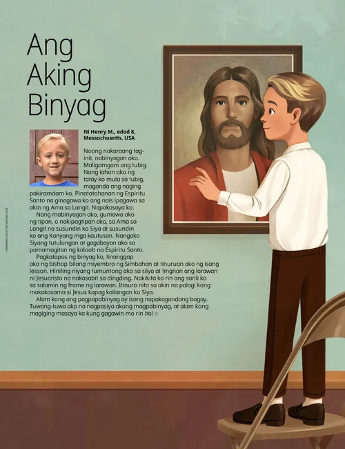 PDF ng pahina na may paglalarawan ng isang batang lalaki na nakatuntong sa silya at nakatingin sa ipinintang larawan ni Jesucristo