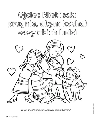 Strona do kolorowania przedstawiająca przytulające się dzieci