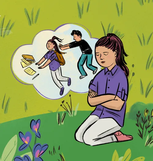 Illustration of a girl kneeling in prayer with a thought bubble of a boy shoving her