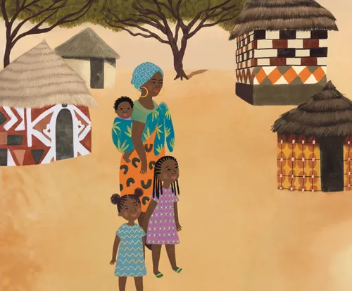 Two little girls and a woman with a baby strapped to her back