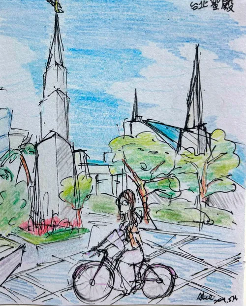 Child’s drawing of a girl riding her bike in front of a temple