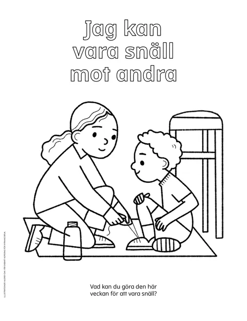 Färgläggnings-pdf med en flicka som knyter en pojkes sko.