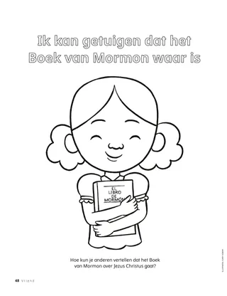 Kleurplaat van meisje dat het Boek van Mormon vasthoudt