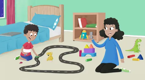 Boy playing with toy cars and Mom taking a video on her phone