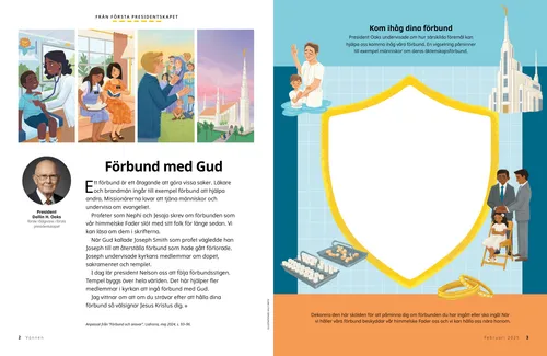 Pdf-sida med ett barn och en läkare; systermissionärer, Joseph Smith som undervisar och ett tempel; plus en teckningsaktivitet med en sköld.