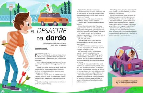 Relato en PDF de un niño que golpea un automóvil con un dardo, y el niño en un automóvil con su mamá