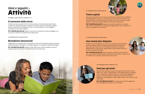 PDF della pagina raffigurante una bambina in piedi mentre tiene le Scritture in mezzo a un cerchio di bambini seduti