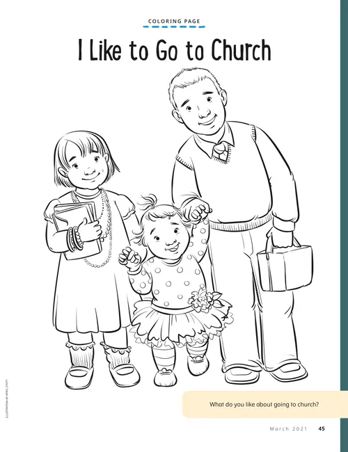 Coloring page PDF of a smiling family carrying scriptures