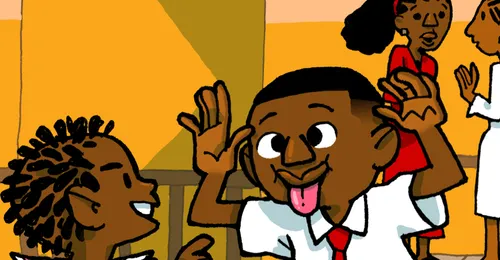 young man making a face at his younger sister