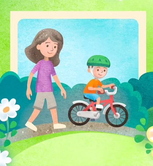 Boy riding bike while mom walks beside him